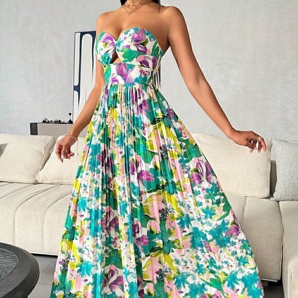 Multicolor Boho Womens Floral Printed Hollow Out Pleated Strapless Dress - Picture 4 of 5